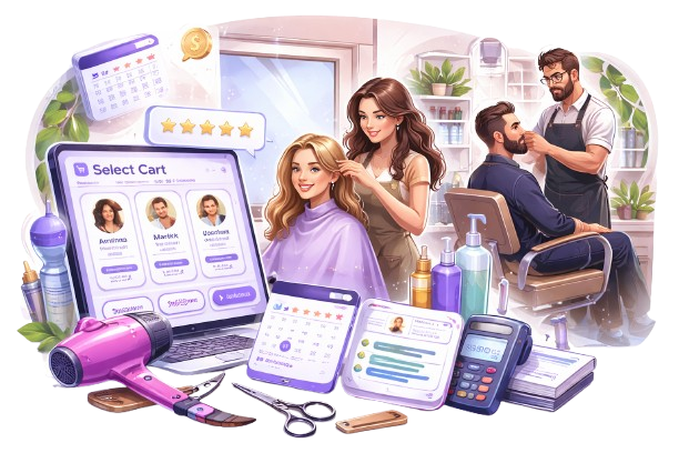 Hair salon staff using Select Cart Software for appointments and customer management