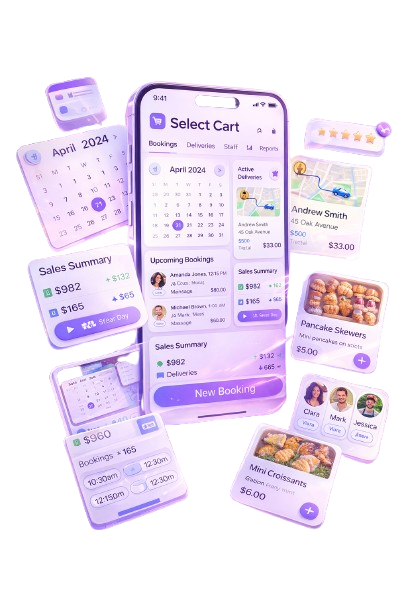 Select Cart Software interface preview across booking, staff, CRM and delivery features