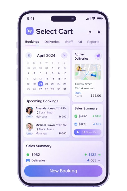Select Cart Software mobile dashboard preview showing booking and business management tools